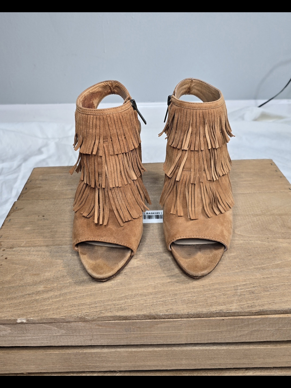 Fringe Suede Peep-Toe Booties - Tan